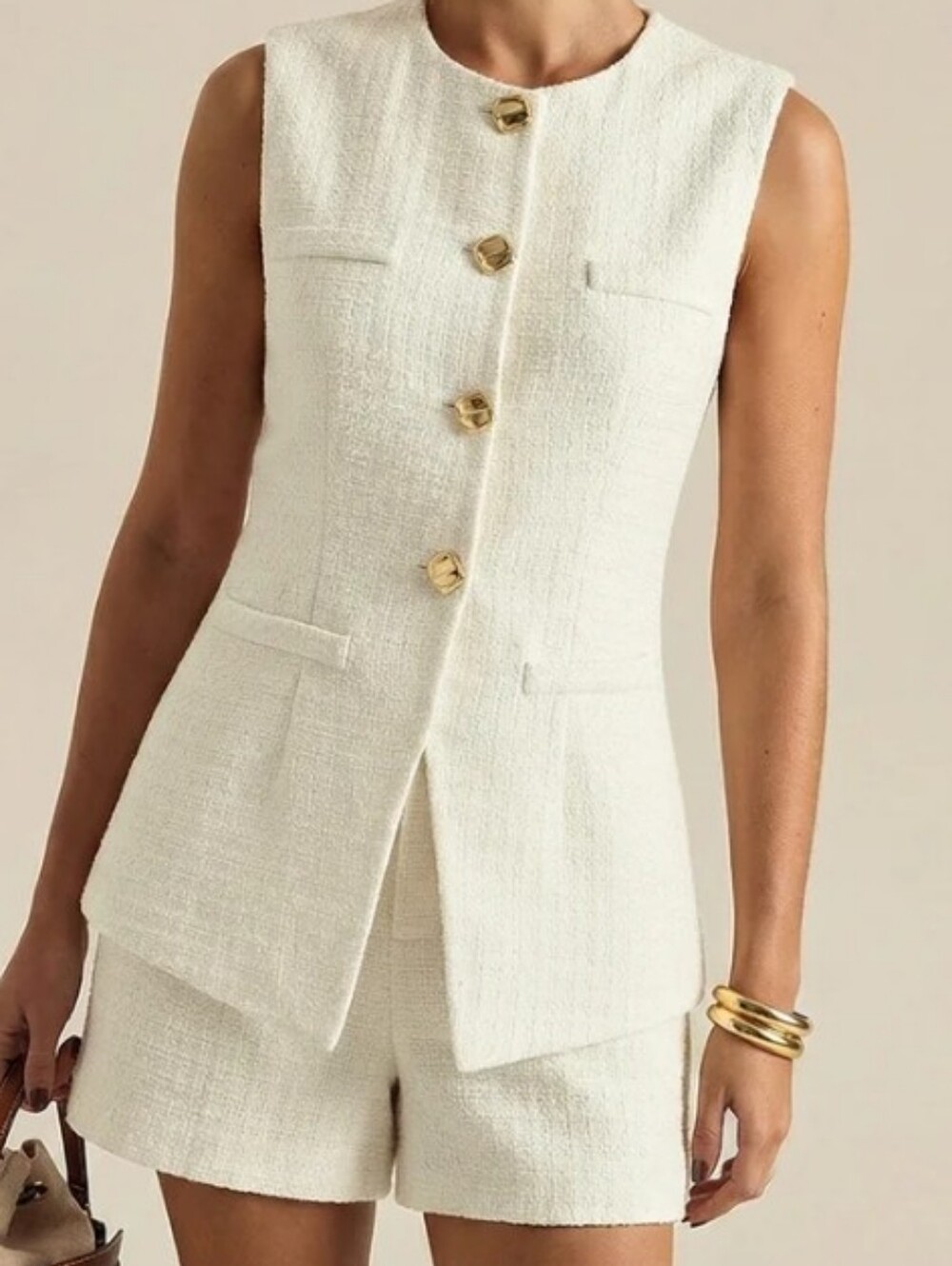 Commense Cream Tweed Two-Piece Shorts & Vest Set Size Small Nwt.size Small